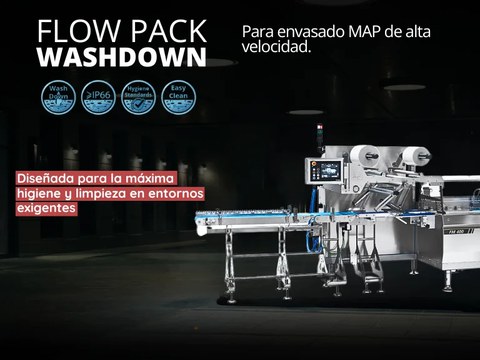 Envasadora Flow Pack Washdown para envasado MAP de alta velocidad